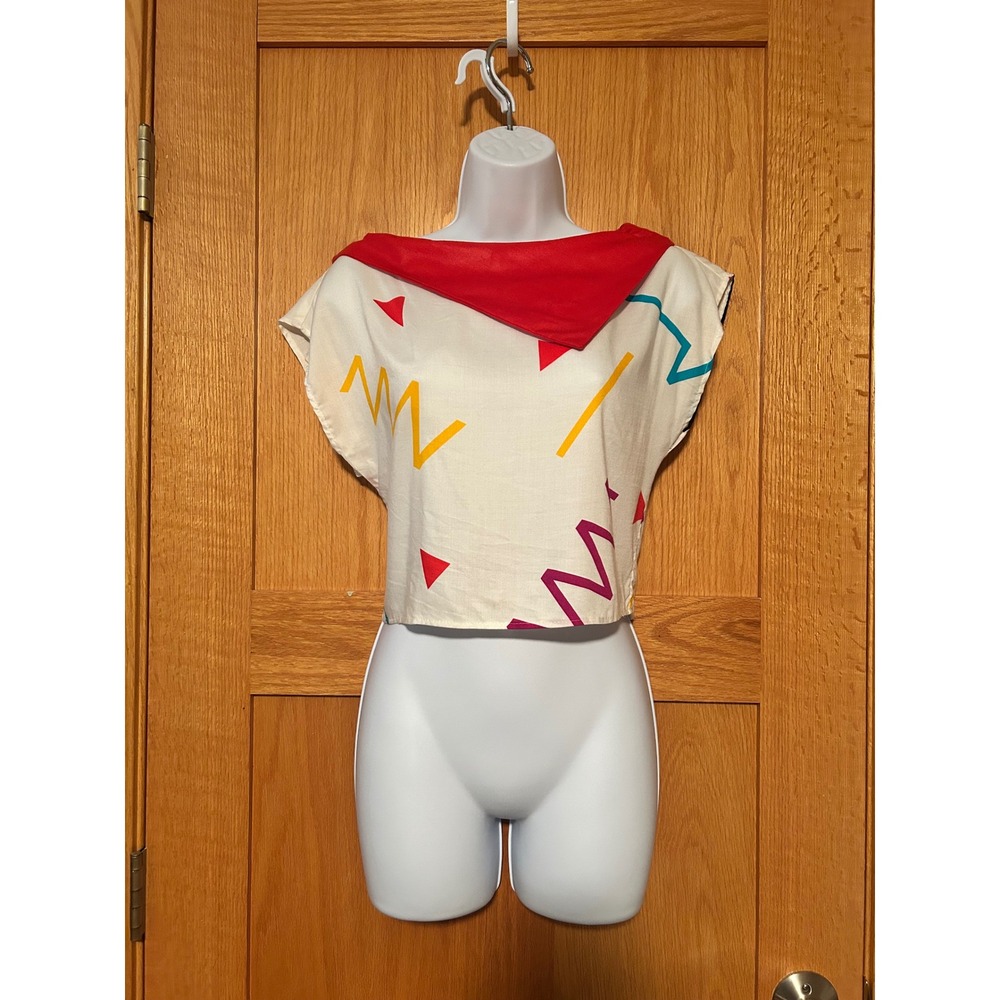 Vintage Pièces Détachée 80s Geometric Print Crop Top Asymmetrical Collar Small